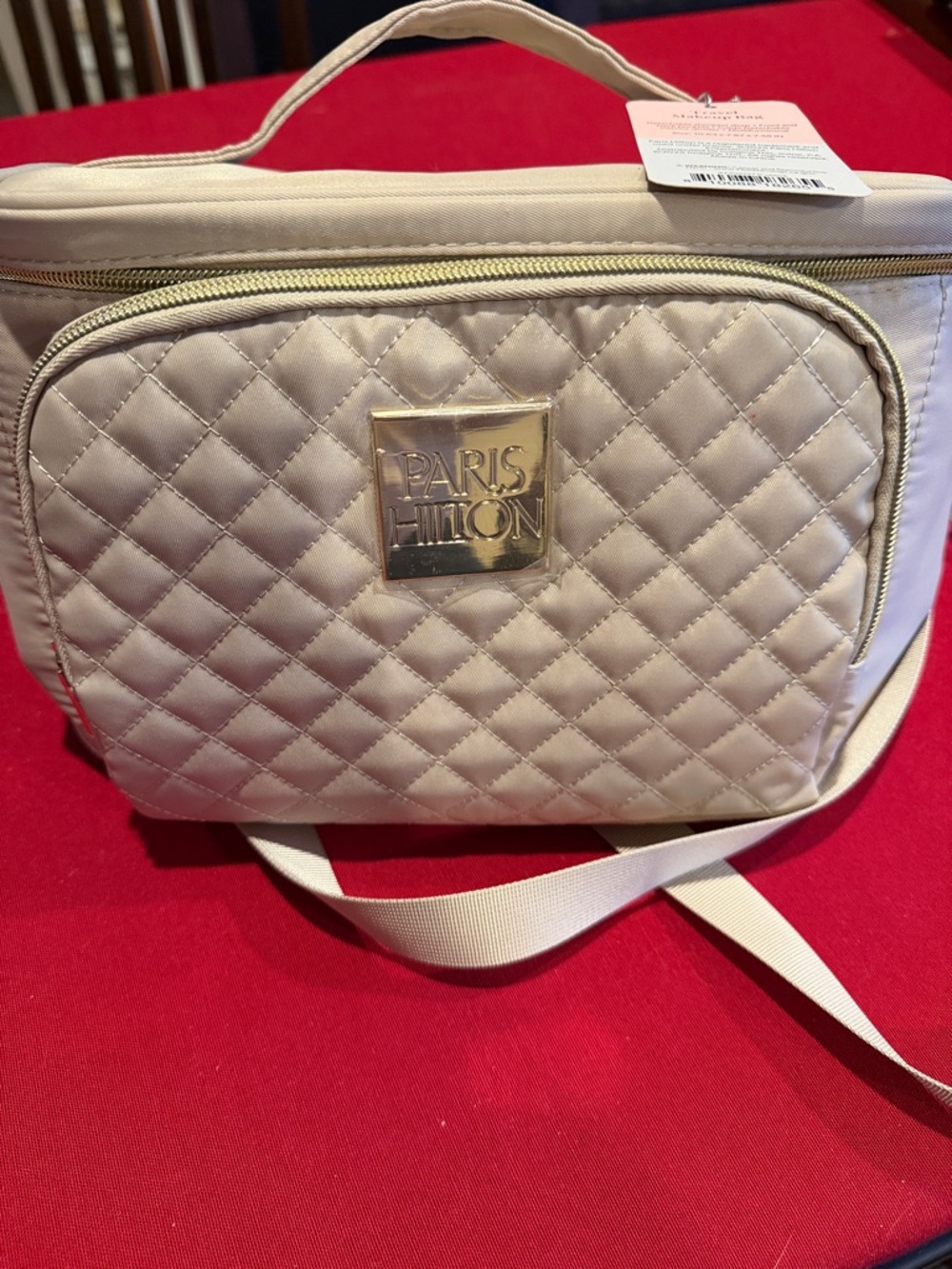 Paris Hilton Quilted Cream Cosmetic Case with Gold Logo Plate